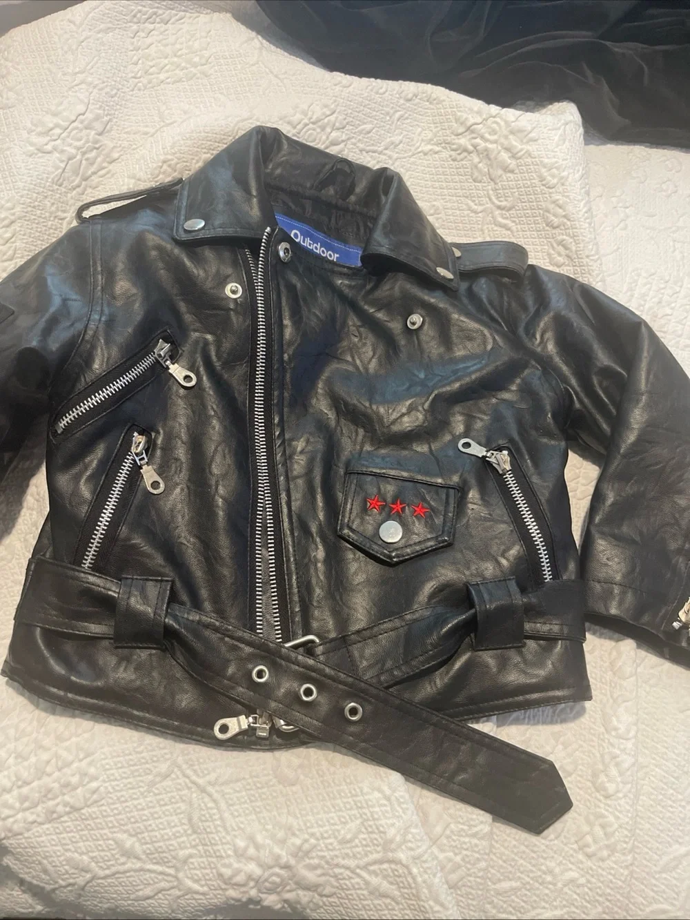 Kids 3T Black Faux Leather Moto Jacket with Star Pocket Embroidered Patches. Zip